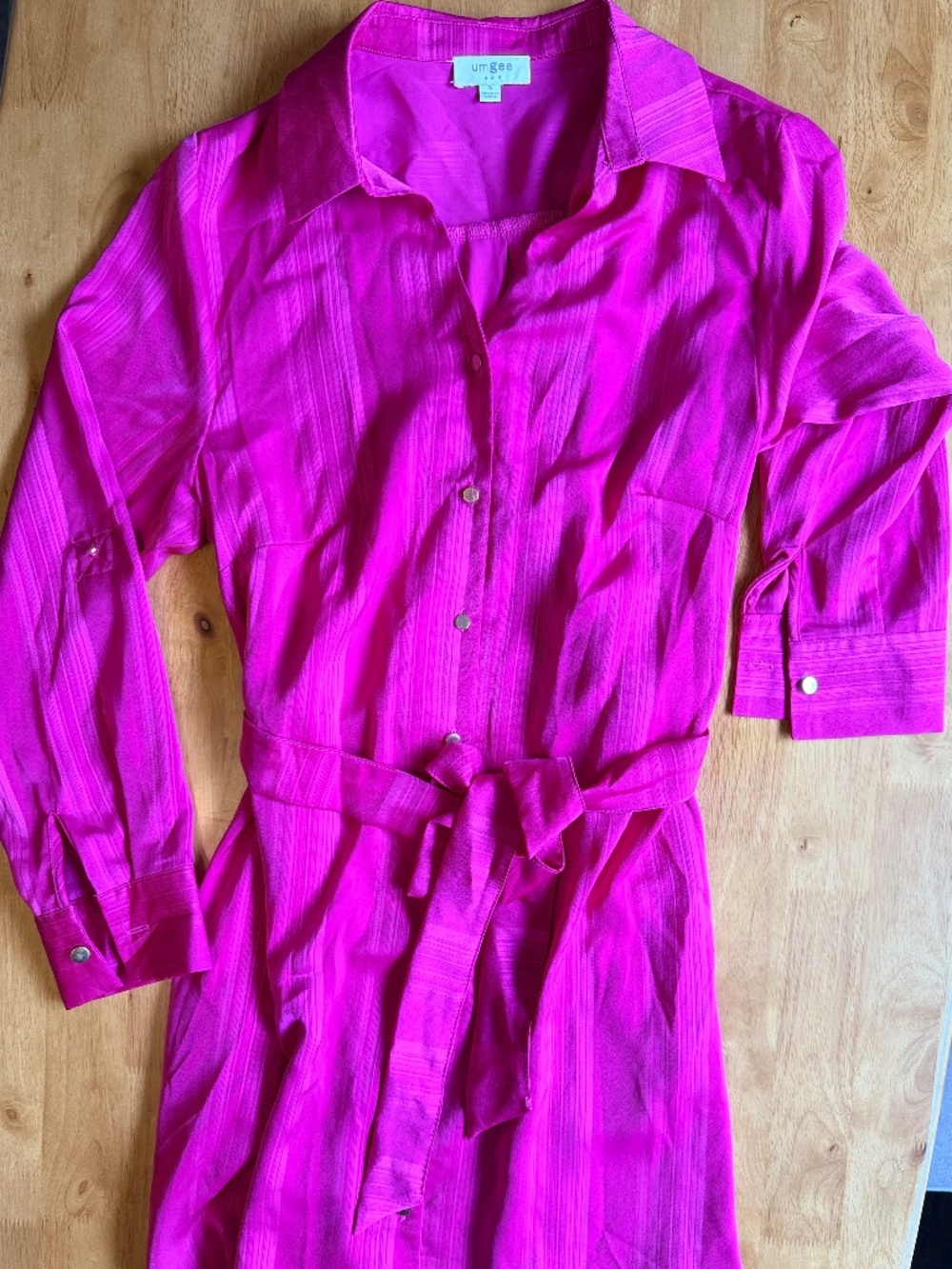 Umgee Womens Magenta Pink Striped Button Down Belted Mini Shirt Dress Small 284